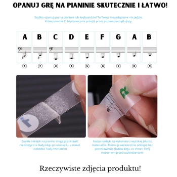 Edukacyjne naklejki z nutami na klawisze keyboardu i pianina – czarno-białe gama B