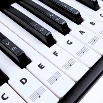 Czarno-białe naklejki z nutami na klawisze keyboardu i pianina – gama B
