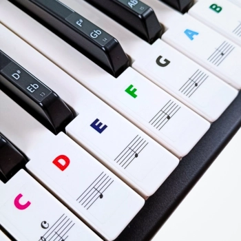 Kolorowe naklejki z nutami na klawisze keyboardu i pianina – gama B